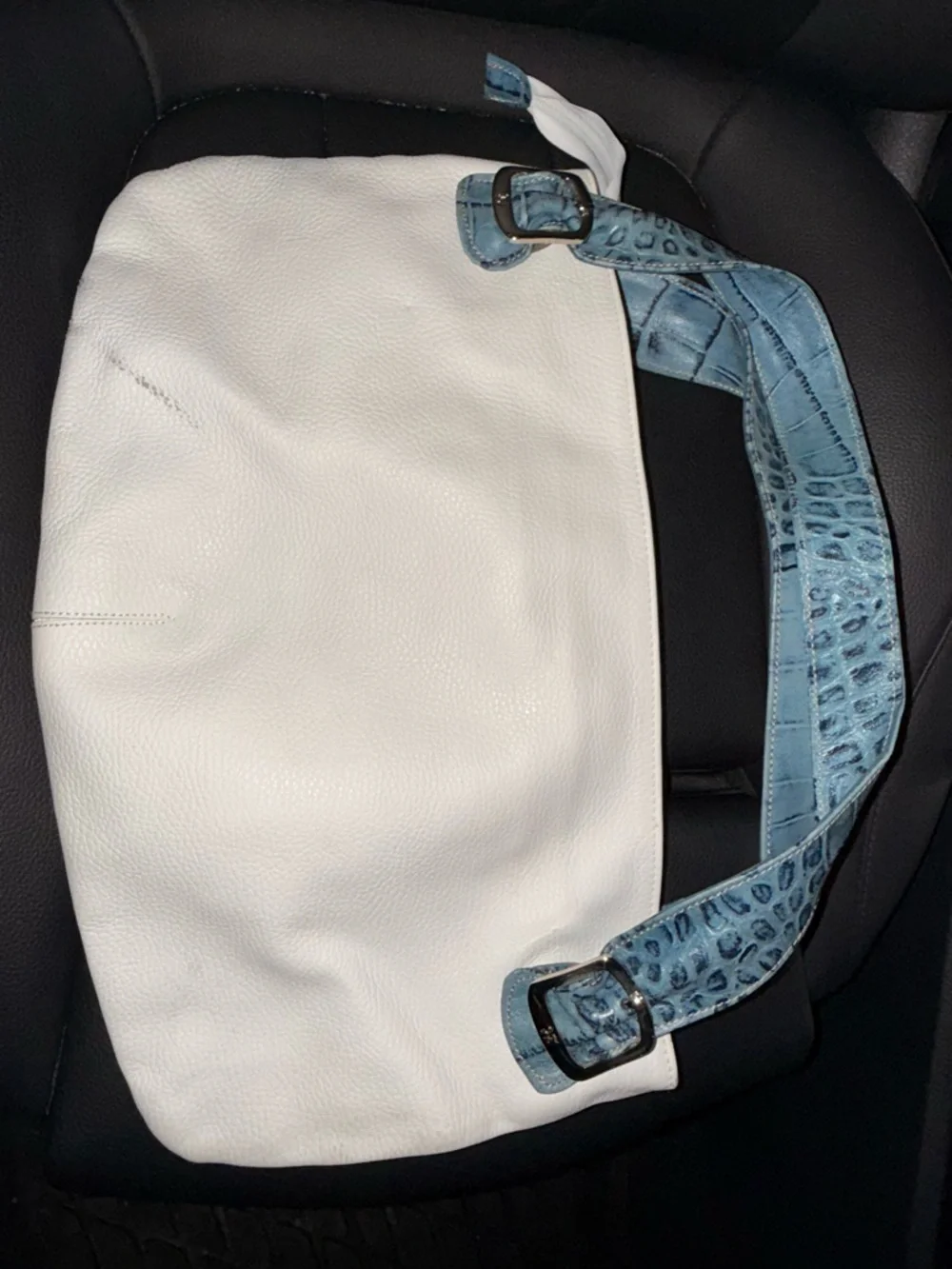 White Leather Shoulder Bag with Blue Croc-Effect Strap PETUSCO - Picture 2 of 16